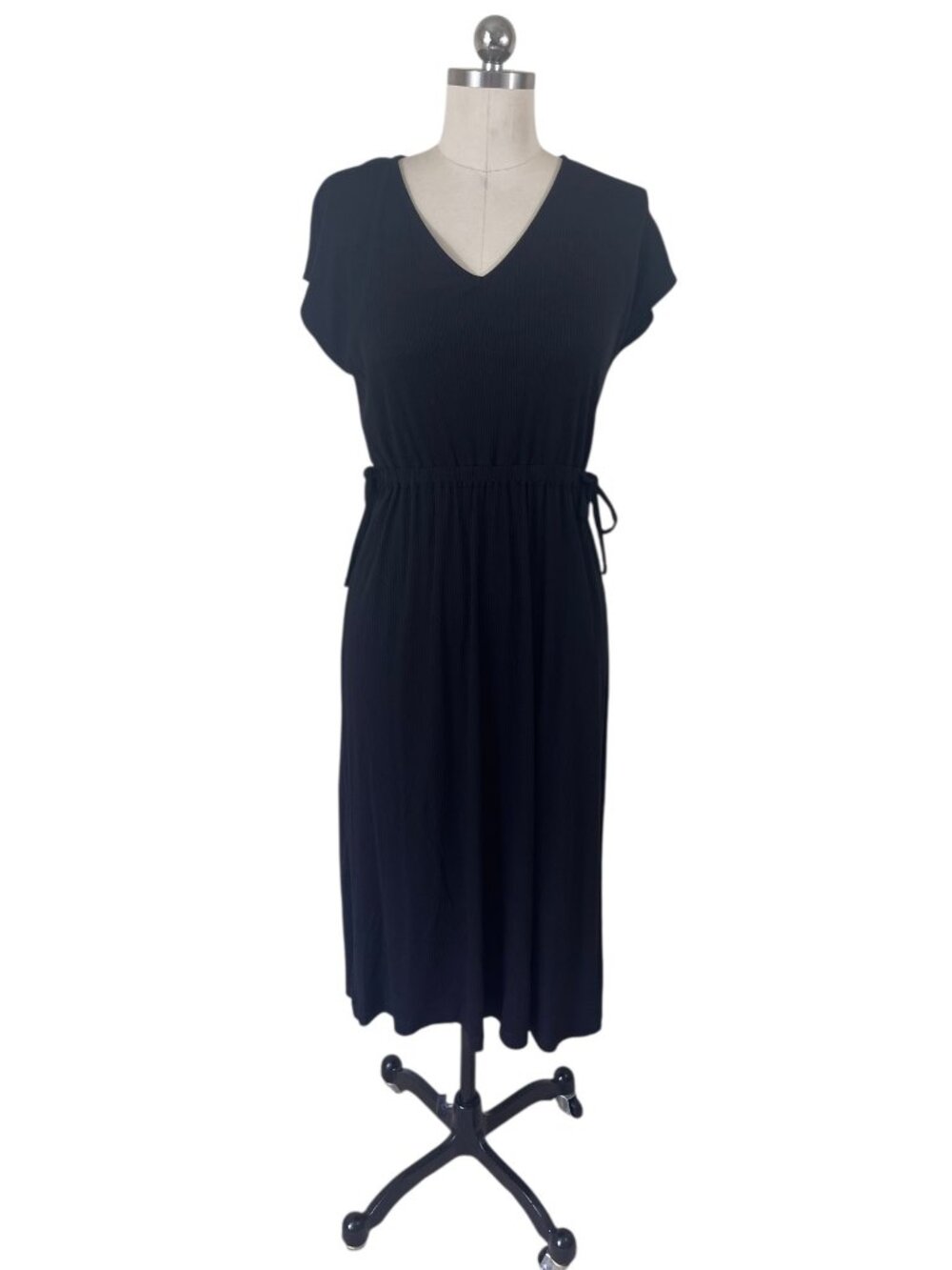 Old Navy Ribbed Cinched Midi Dress Womens Small NWT Black Solid Minimalist